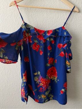 Skies Are Blue Royal Blue Cold-Shoulder Floral Blouse